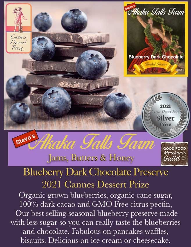 Blueberry Dark Chocolate Preserve, 11 ounces Steve's Akaka Falls Farm