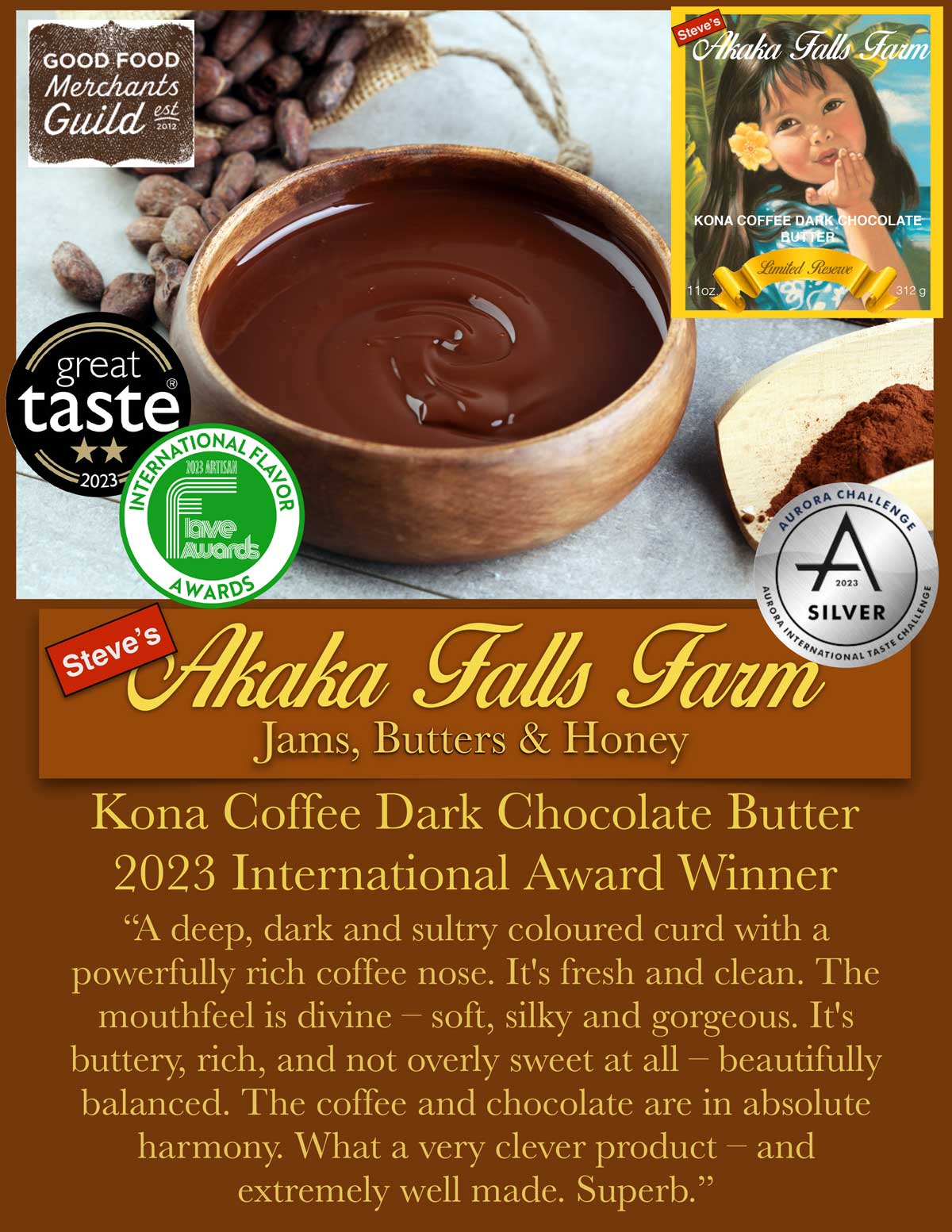 Kona Coffee Dark Chocolate Butter, 11 ounces Steve's Akaka Falls Farm